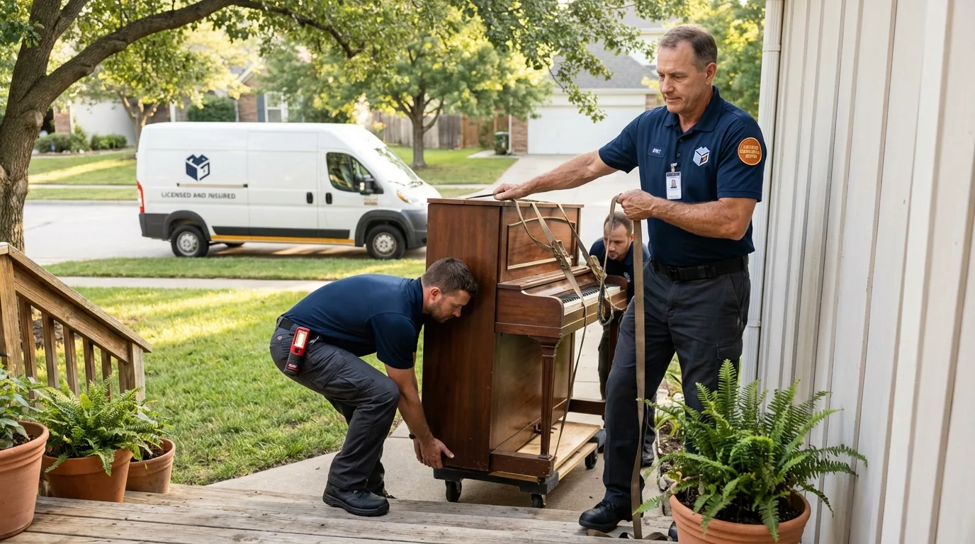 Licensed piano movers securing grand piano in Horse Cave, KY