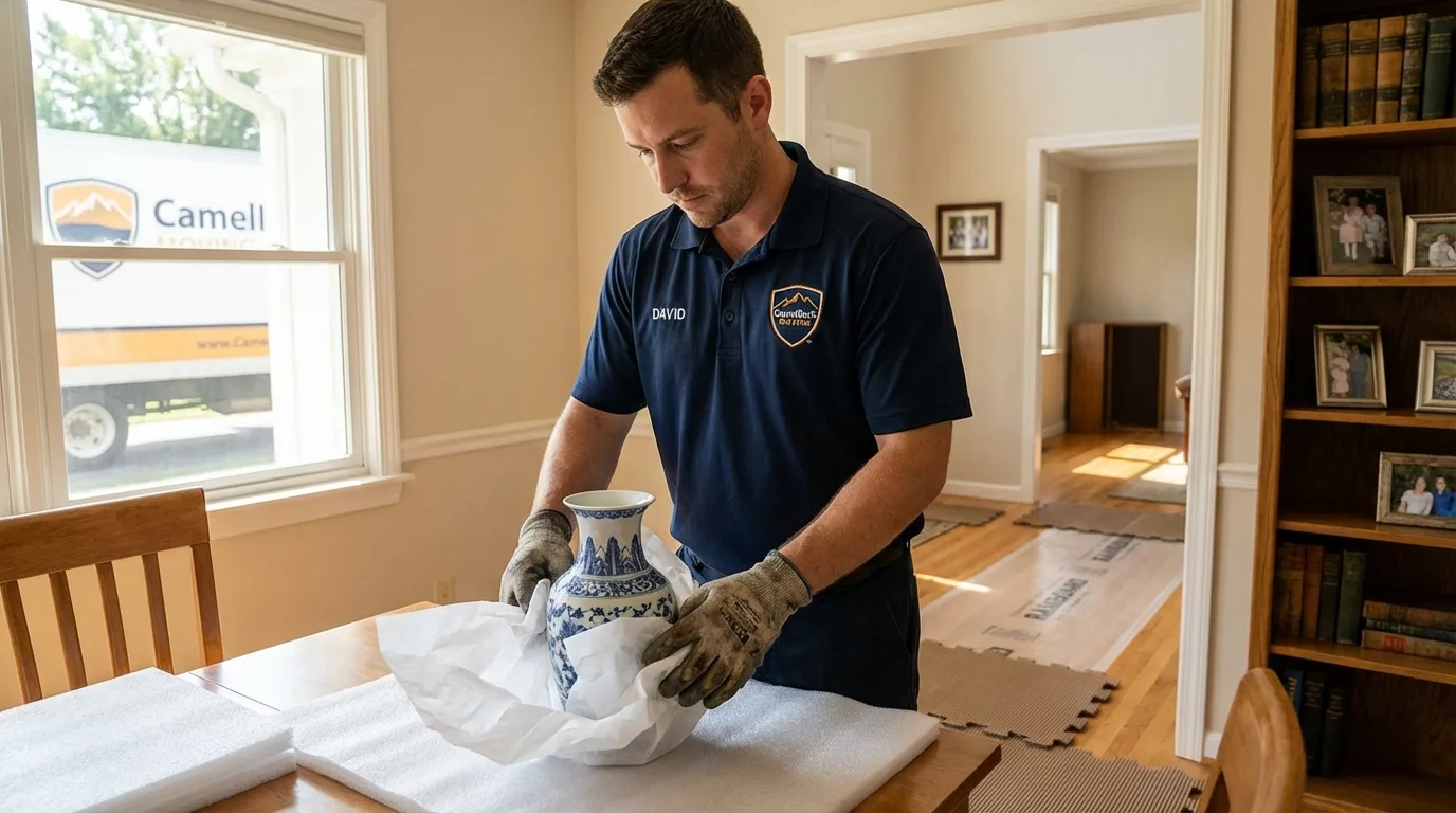 Professional crew carefully wrapping antique vase for senior downsizing move in Horse Cave, KY